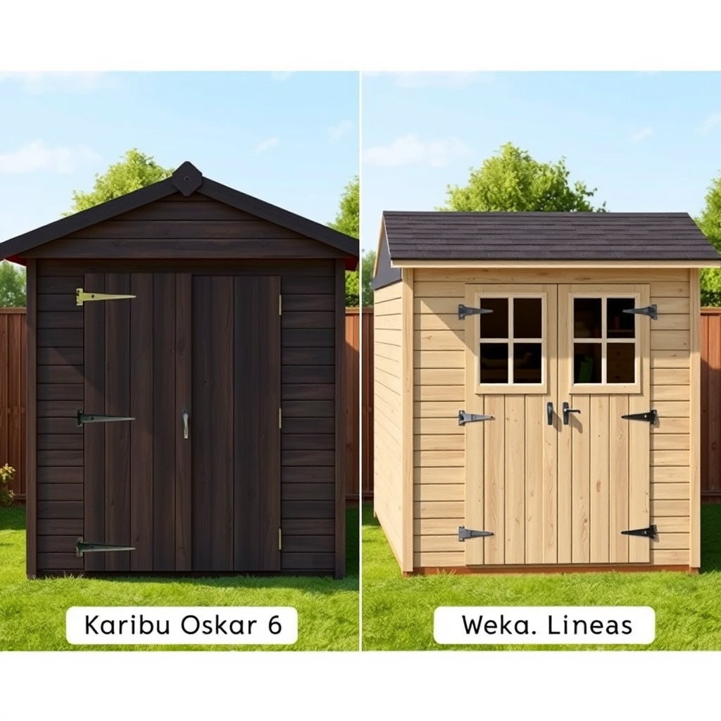 A photorealistic side-by-side comparison of two garden sheds with flat roofs: one labeled