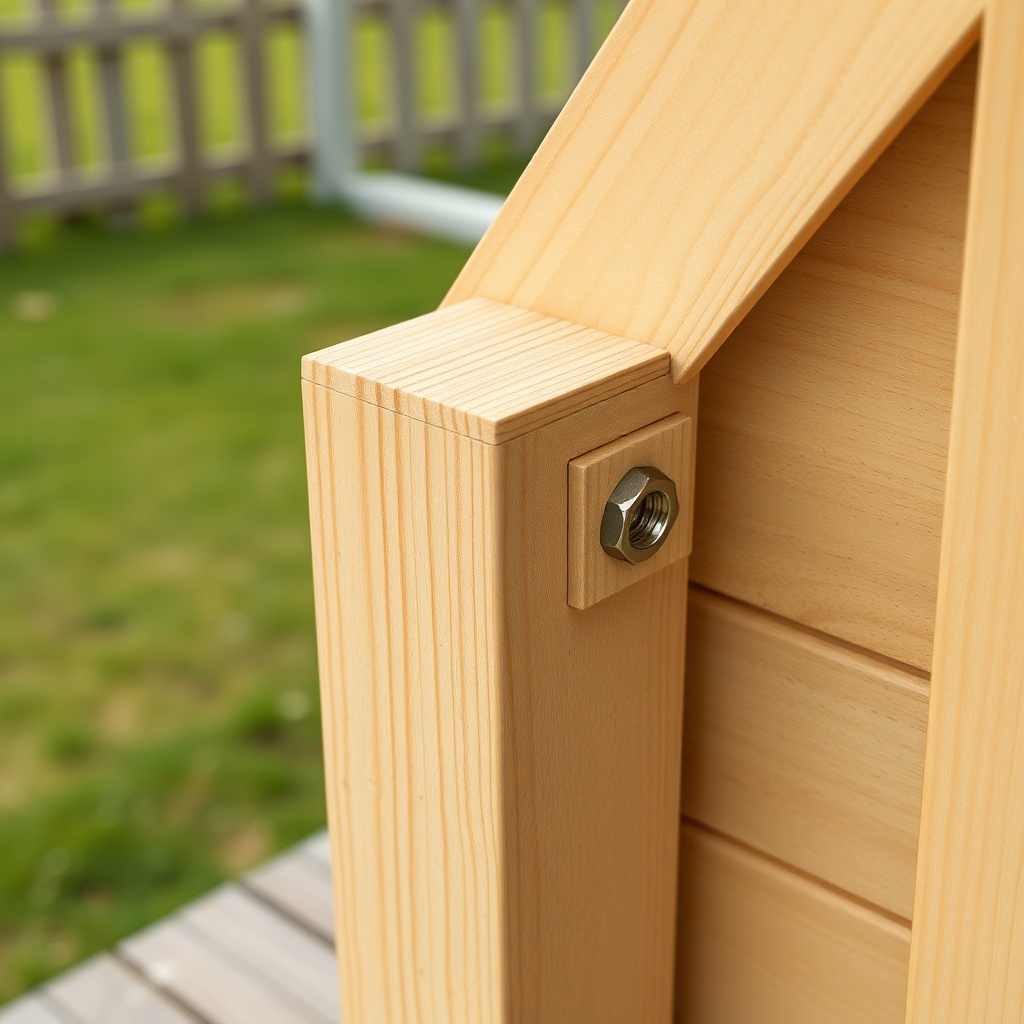A photorealistic close-up of a wooden garden house's corner joint