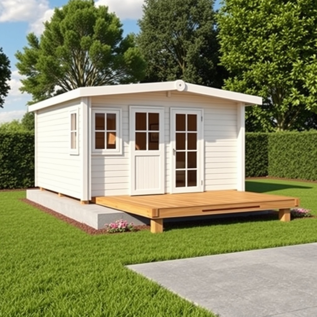 A photorealistic image showing a completed Karibu Oskar 6 garden house sitting on a concre