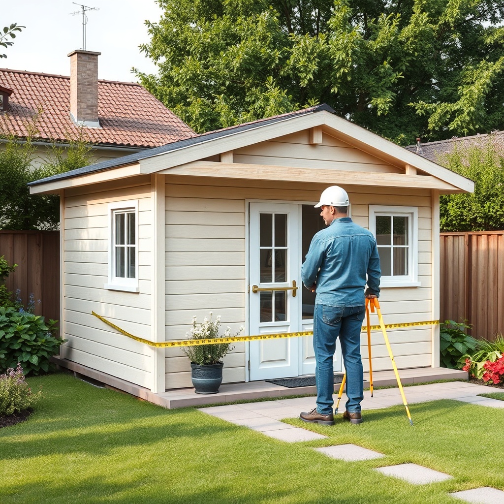 A clean photorealistic photo of a Karibu Oskar 6 garden house in a typical Bavarian backya