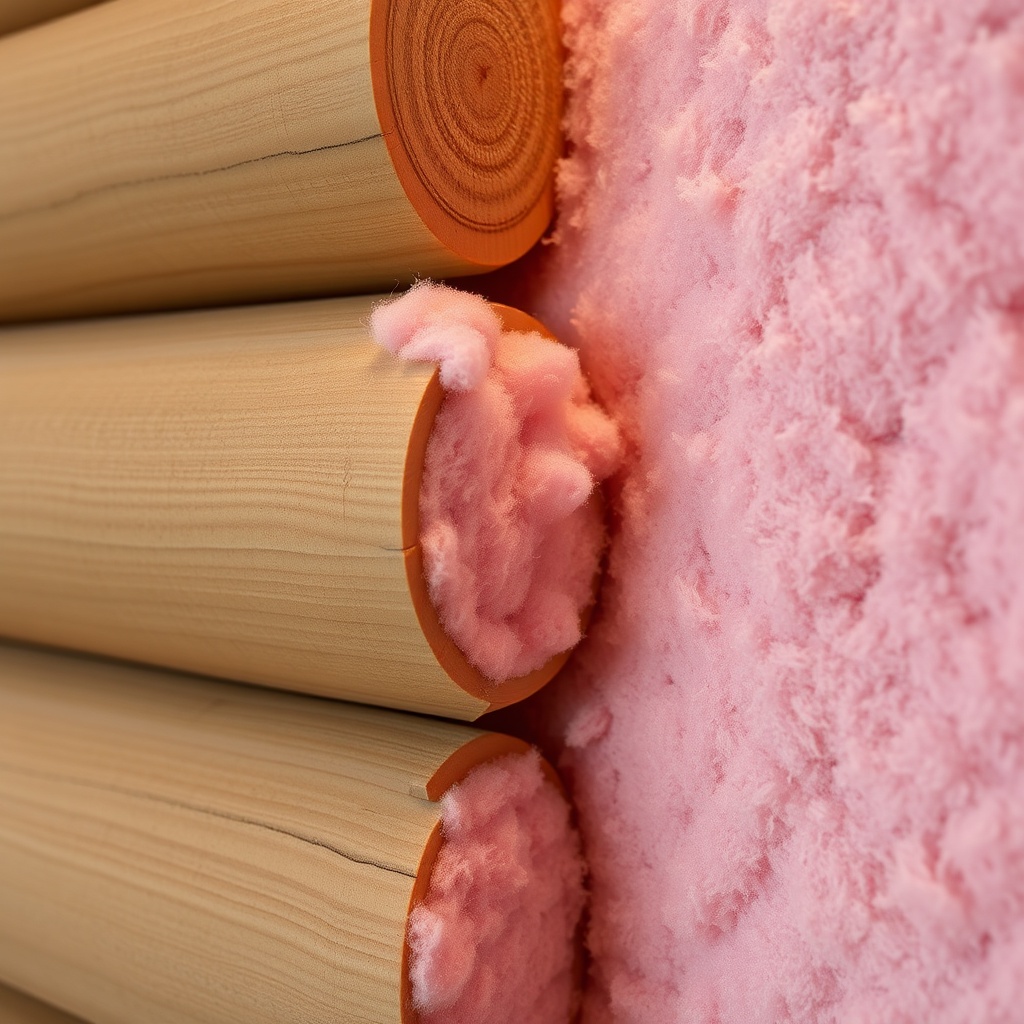A close-up shot of mineral wool insulation being fitted between the wooden logs of the Kar