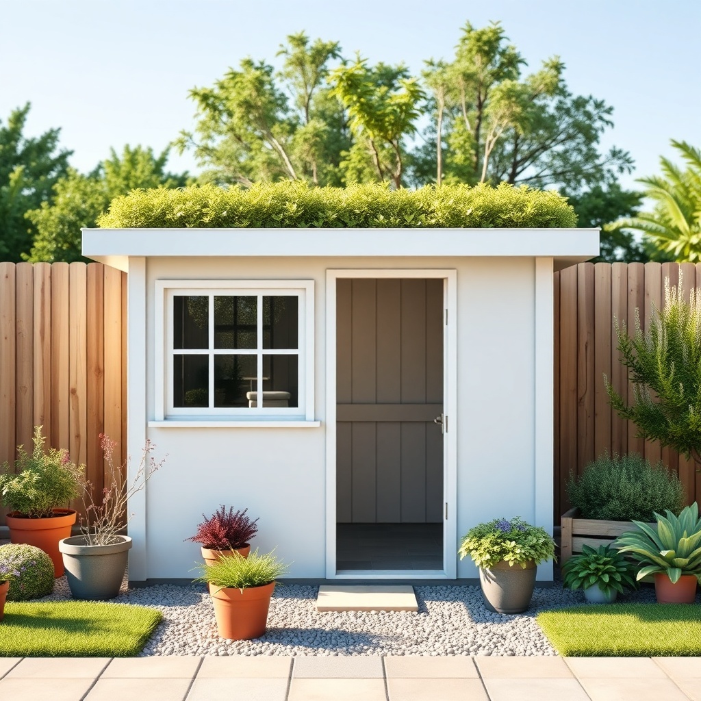 A modern garden shed with a flat roof