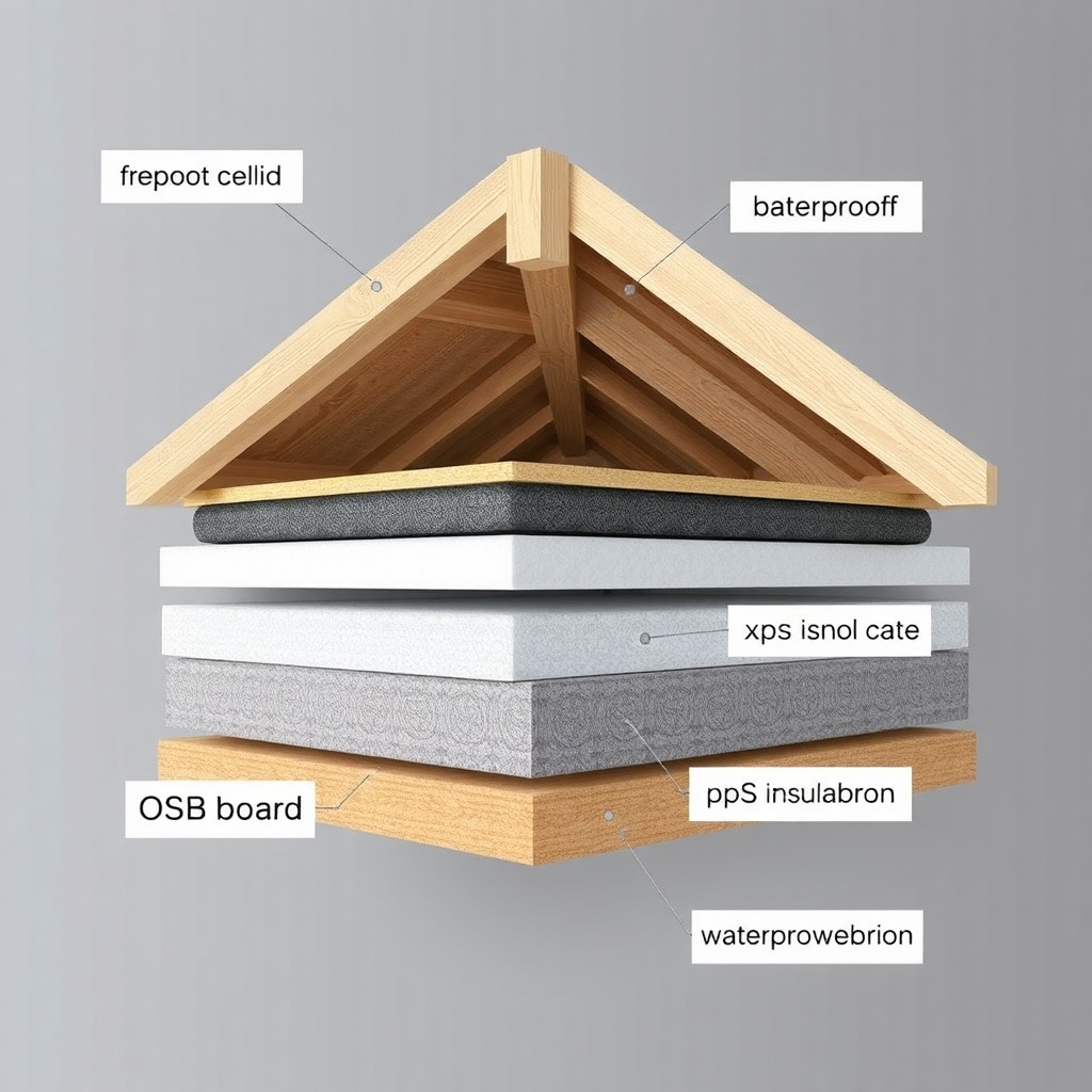 Cross-section illustration showing a flat roof construction with insulation layers: from b