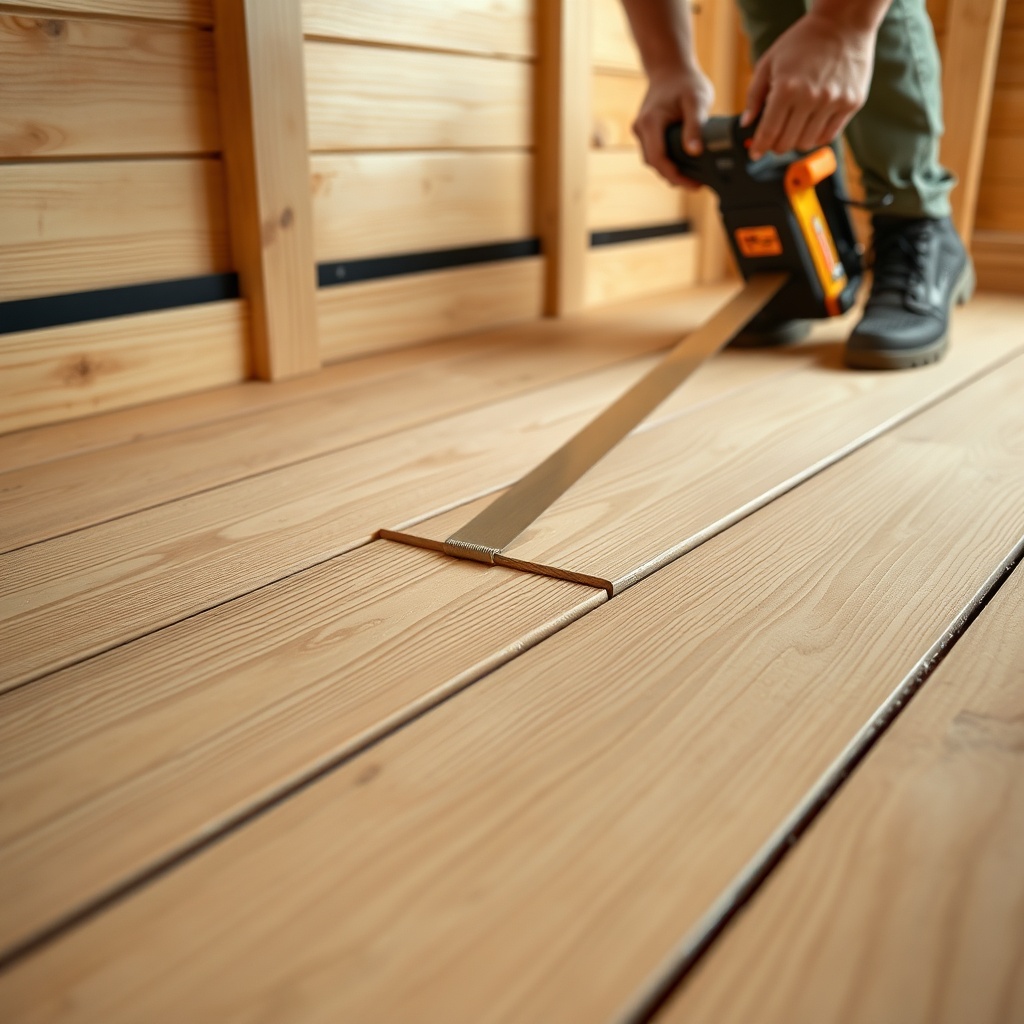 Photorealistic close-up of a wooden garden house floor being assembled