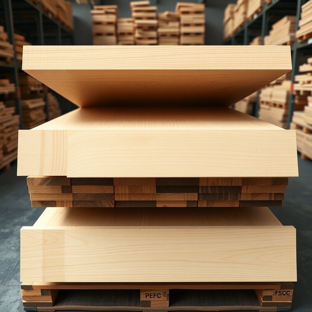 A photorealistic top-down view of a pile of freshly planed fir boards with PEFC and FSC ce