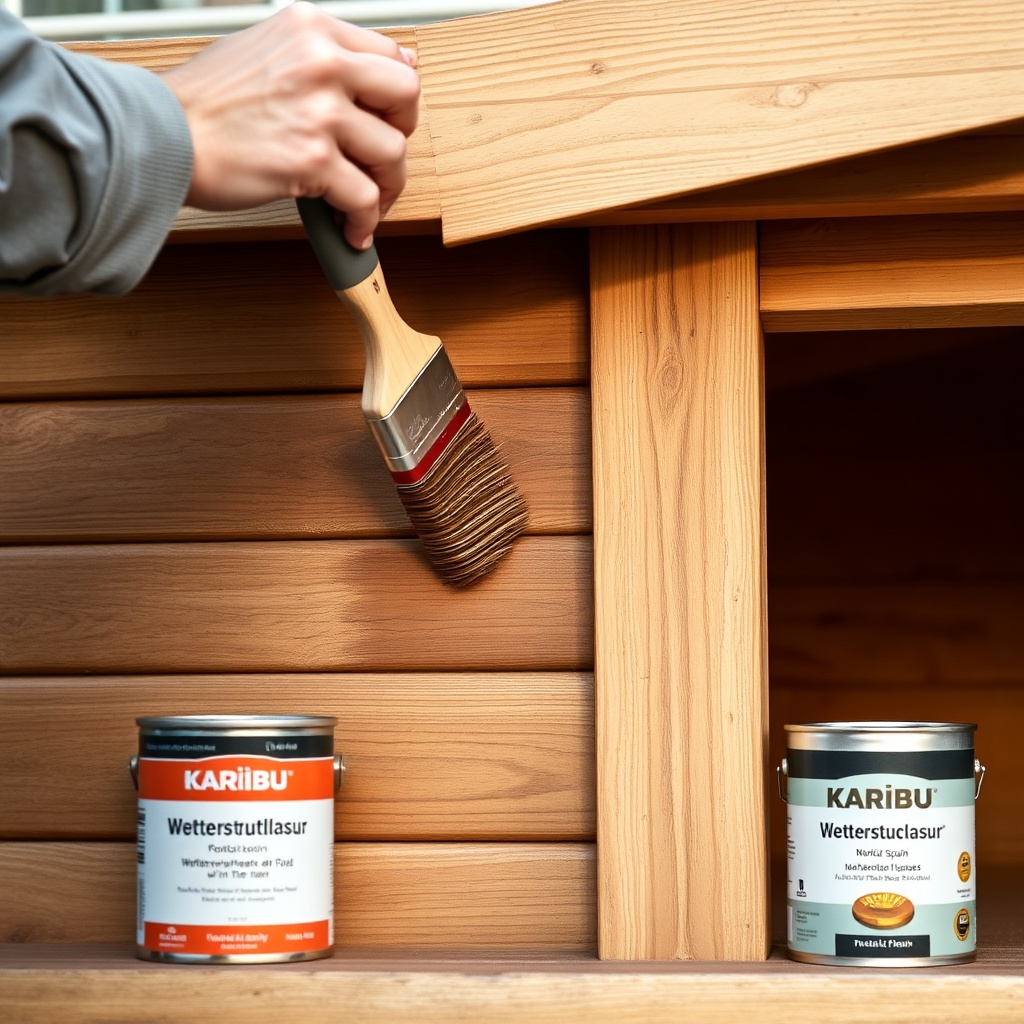 A photorealistic close-up of a person applying a medium-brown wood stain with a brush on t