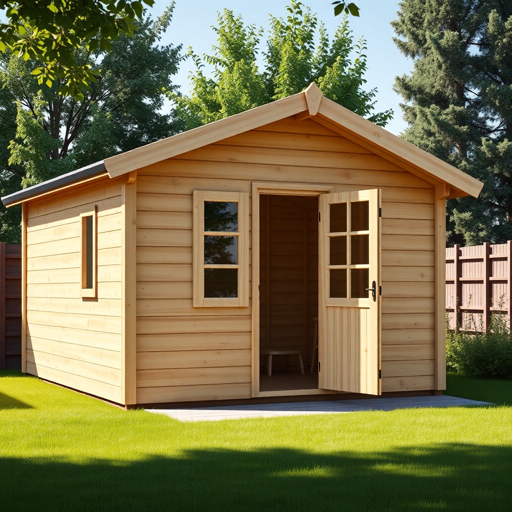 A photorealistic wide-angle shot of a beautifully maintained Karibu Oskar 6 garden house i