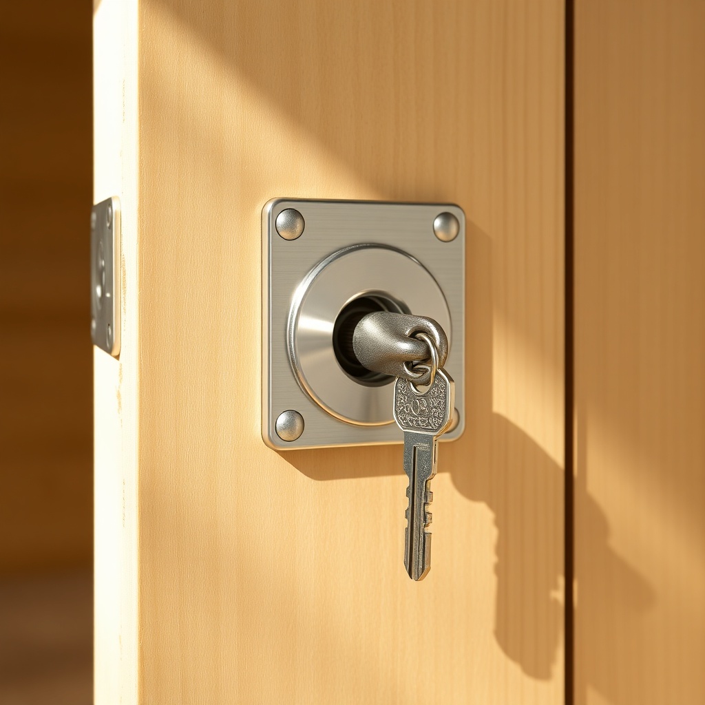 A close-up photo of the standard steel lock and keyhole of a Karibu Oskar 6 garden house d