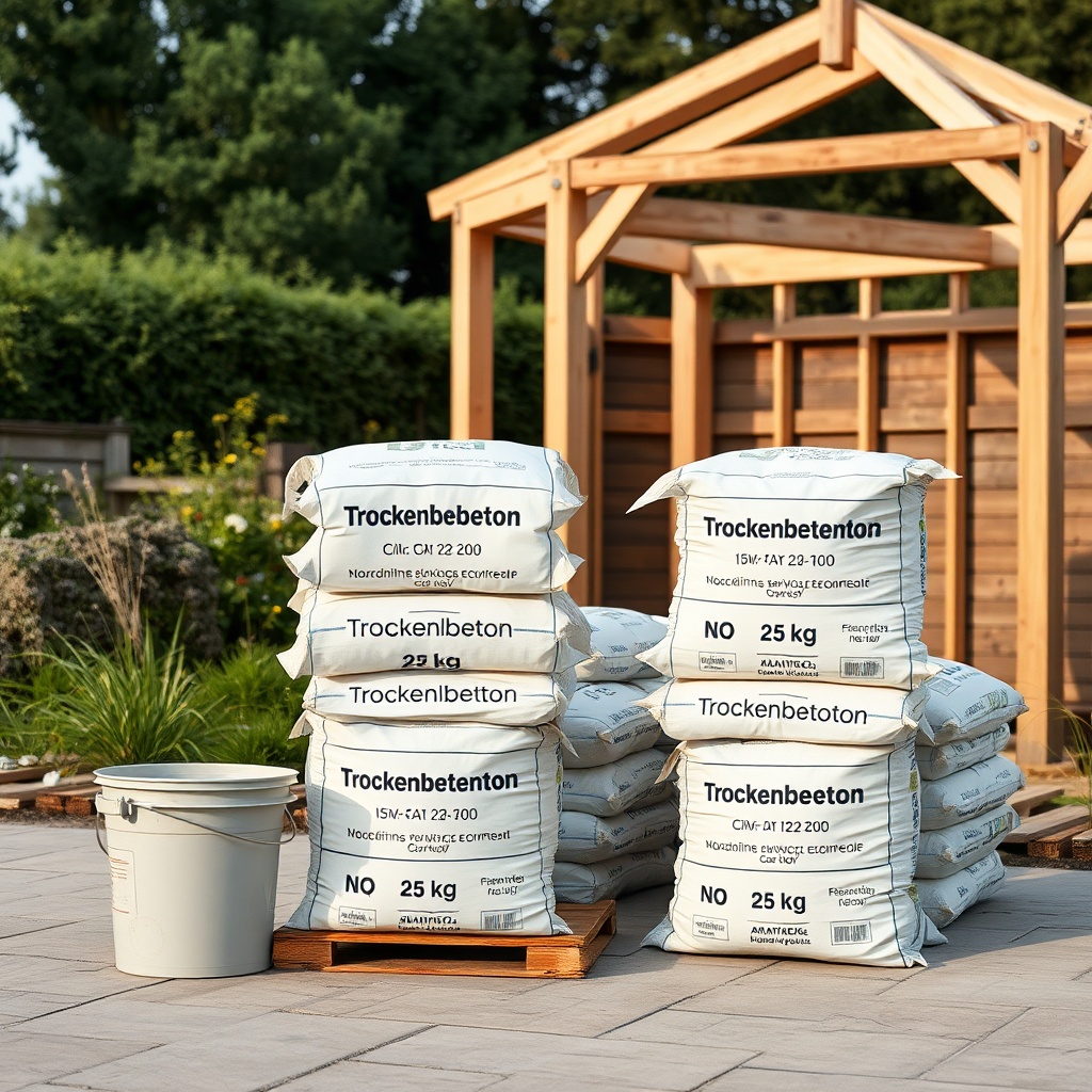 A clean photorealistic photo showing a stack of 25 kg cement bags labeled "Trockenbeton C1