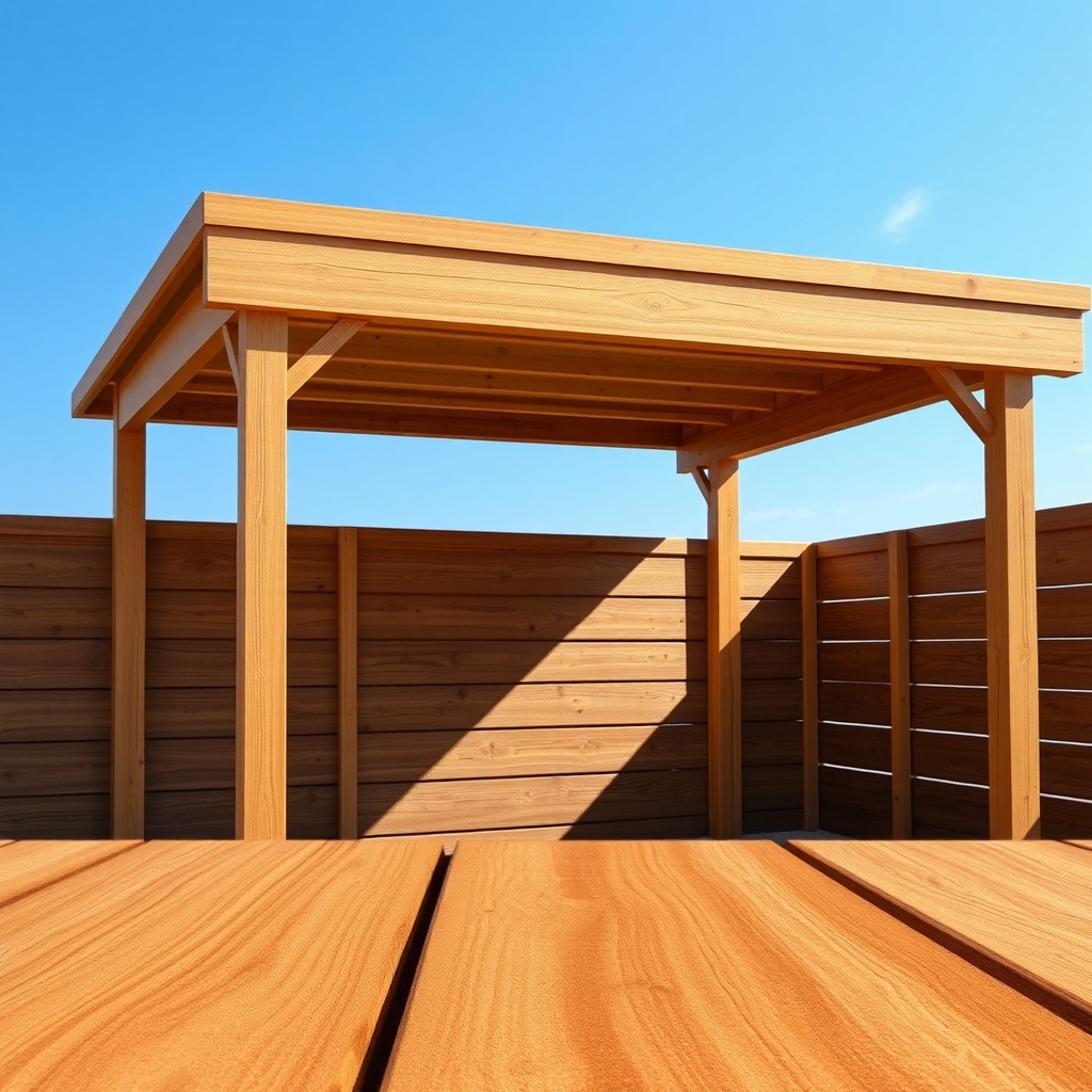 A photorealistic photo of a wooden Skanholz Carport 3x3 under a clear blue sky