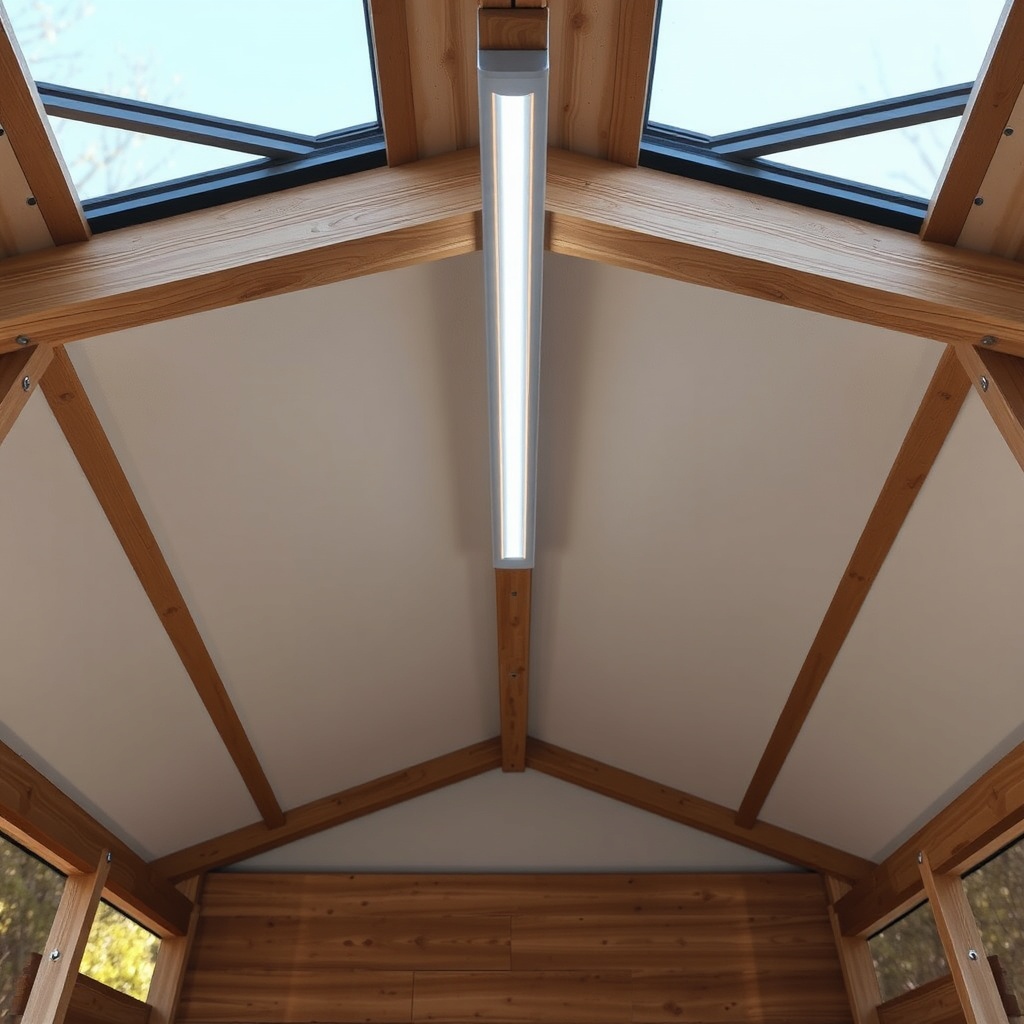 A clean photorealistic photo of a Skanholz Carport 3x3's interior showing a single LED str