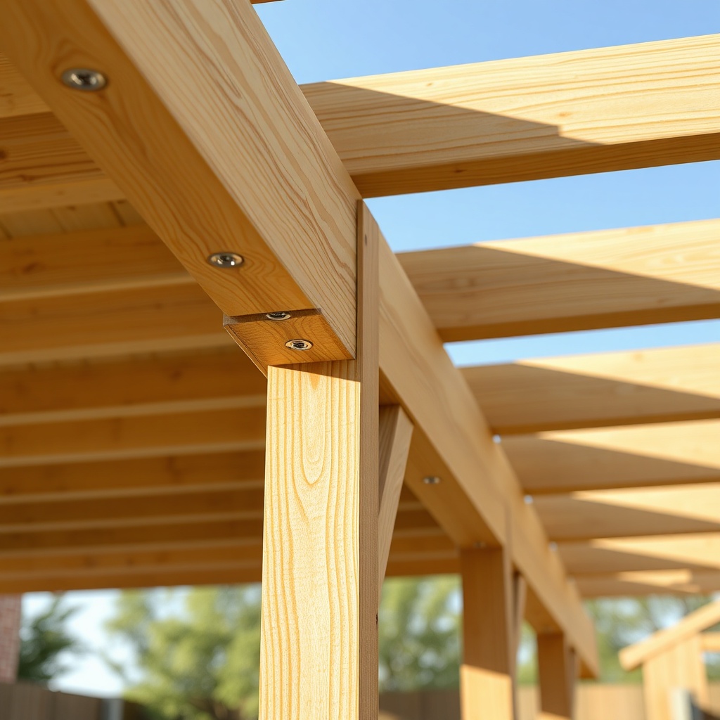 A clean photorealistic close-up photo of a Skanholz Carport 3x3 wooden beam connection sho