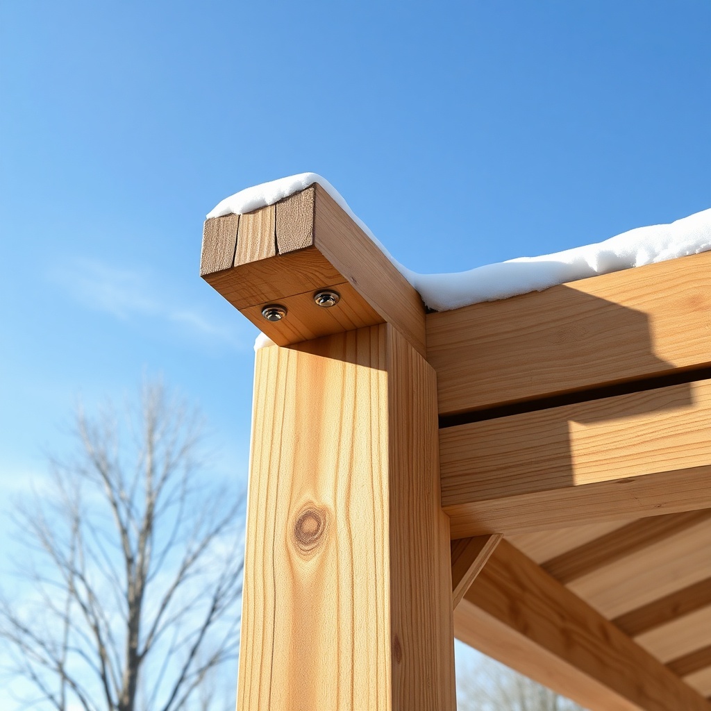 A photorealistic close-up shot of a wooden carport post and a connection bracket under a c