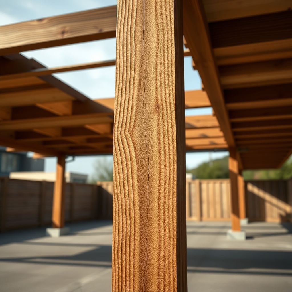A photorealistic close-up of a wooden carport post with slight settling cracks