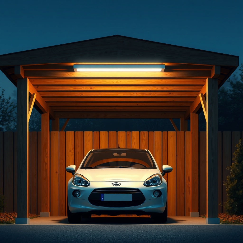 A clean photorealistic illustration of a wooden carport with a ceiling-mounted LED light b