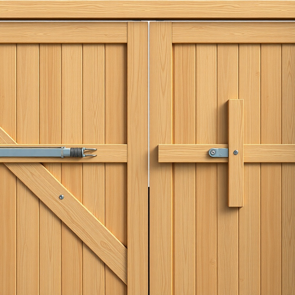 Photorealistic close-up of a wooden carport gate with two distinct opening mechanisms visi