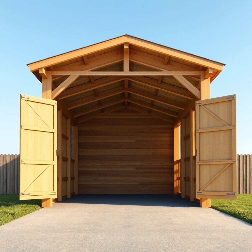 Photorealistic exterior view of a wooden carport with two open wing doors swinging outward