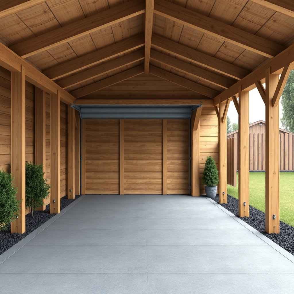 <Photorealistic photo of the Skanholz Carport 3x3 from a low angle