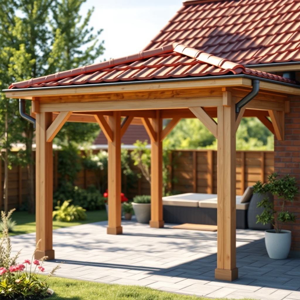 A close-up photorealistic photo of a Skanholz Carport 3x3 with a reddish-brown tile roof