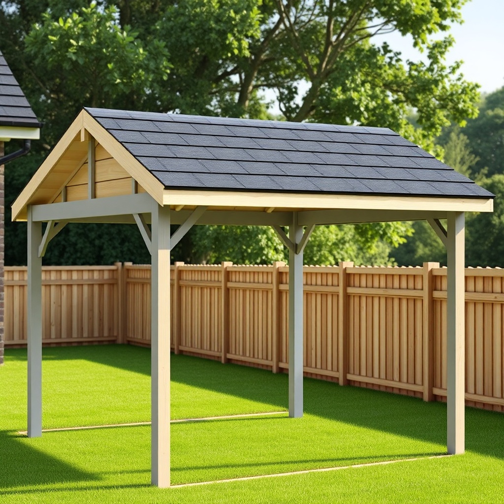 A photorealistic photo showing a Skanholz Carport 3x3 with bitumen shingles installed on t