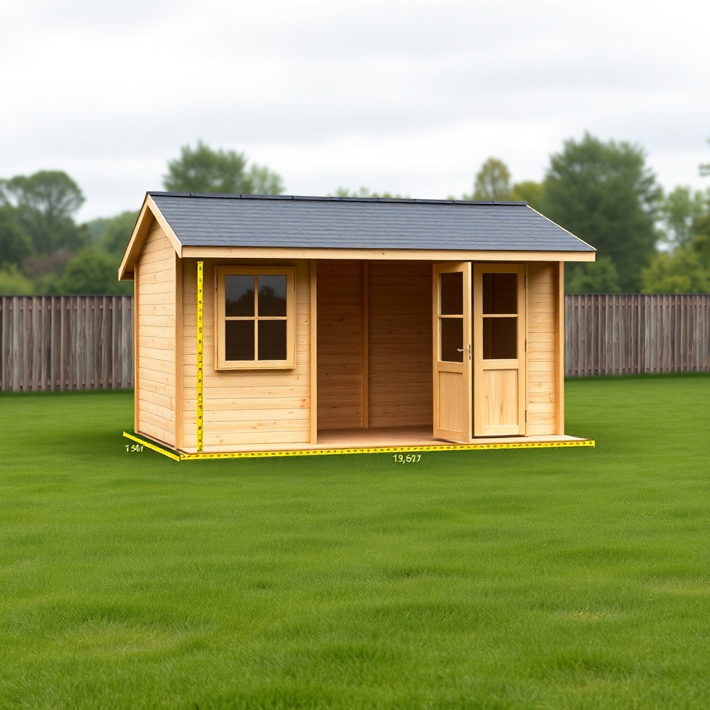 A clean photorealistic photo of a Weka Linea 28 garden house standing on a flat meadow