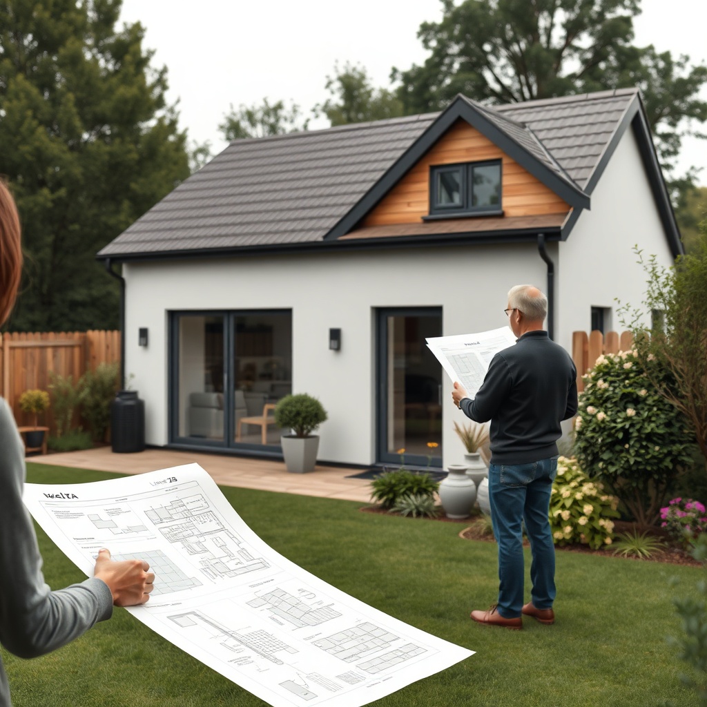 A clean photorealistic photo of a garden with a Weka Linea 28 house