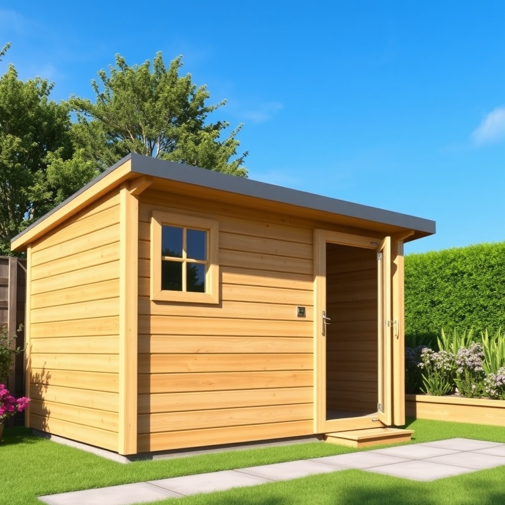 A photo of a Weka Linea 28 garden house in a sunny garden setting