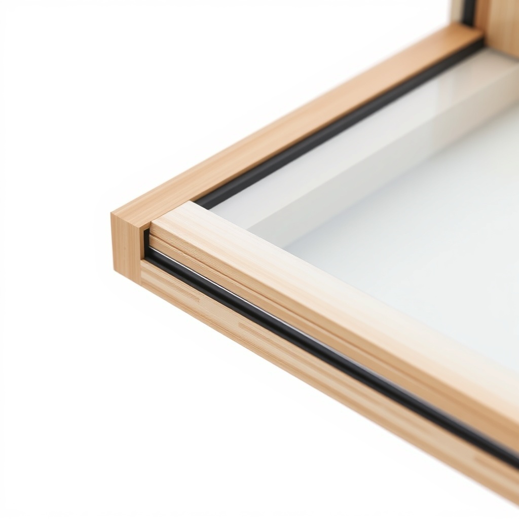 Close-up of a Weka Linea 28 double-glazed wood window with a visible rubber seal and a cle