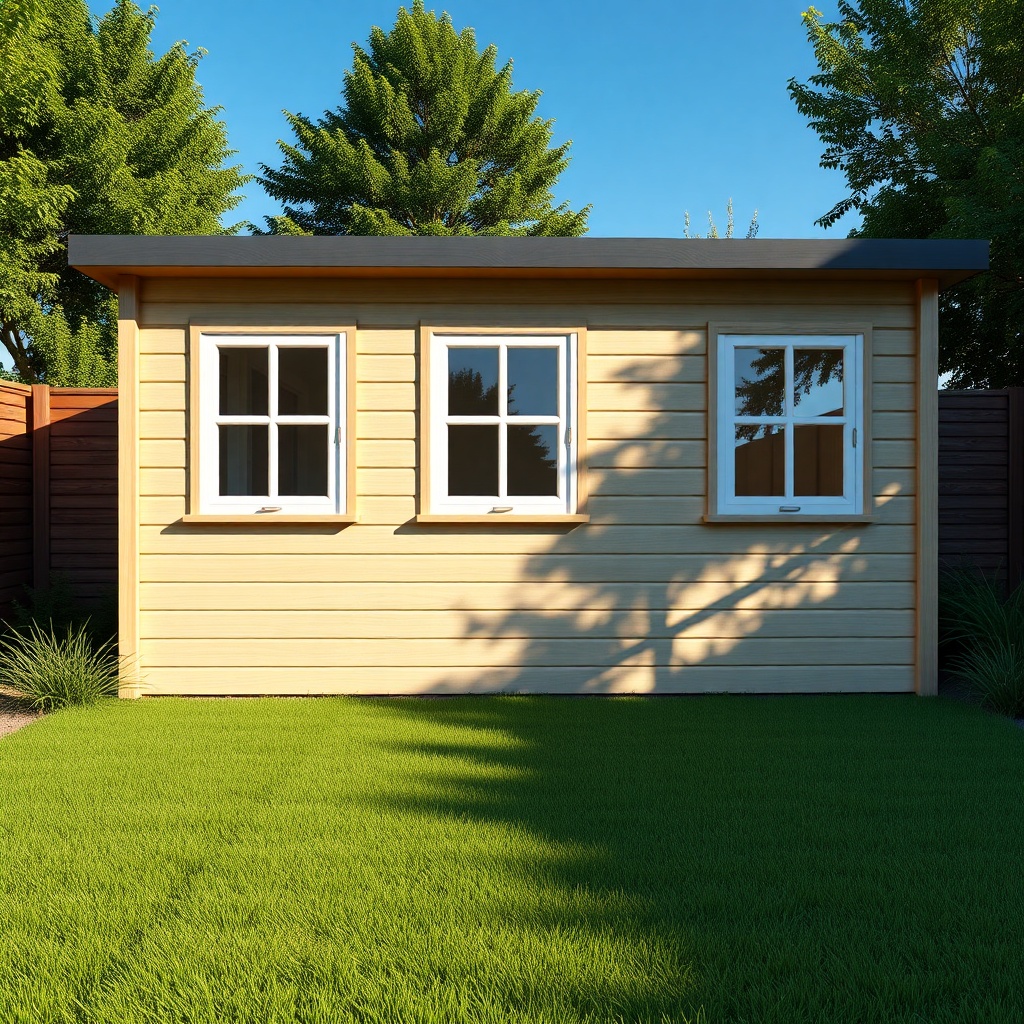 Photorealistic exterior shot of a Weka Linea 28 garden house with three windows