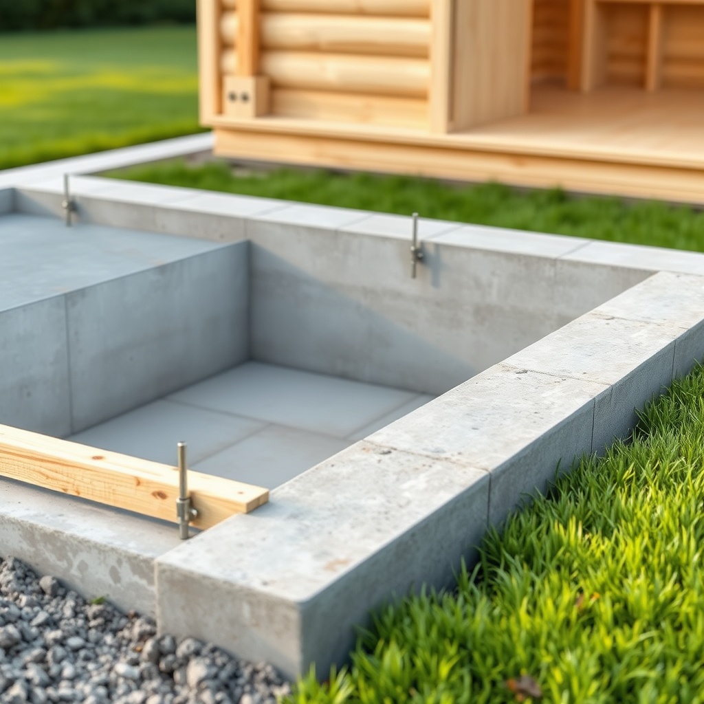 A photorealistic close-up photo of a construction site showing the concrete strip foundati