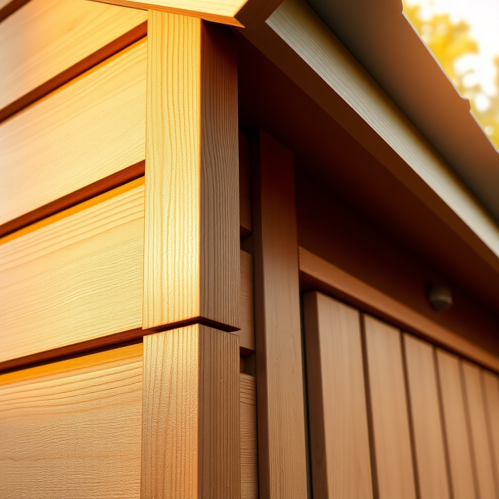 A photorealistic close-up shot of a Weka Linea 28 garden house with fresh paint