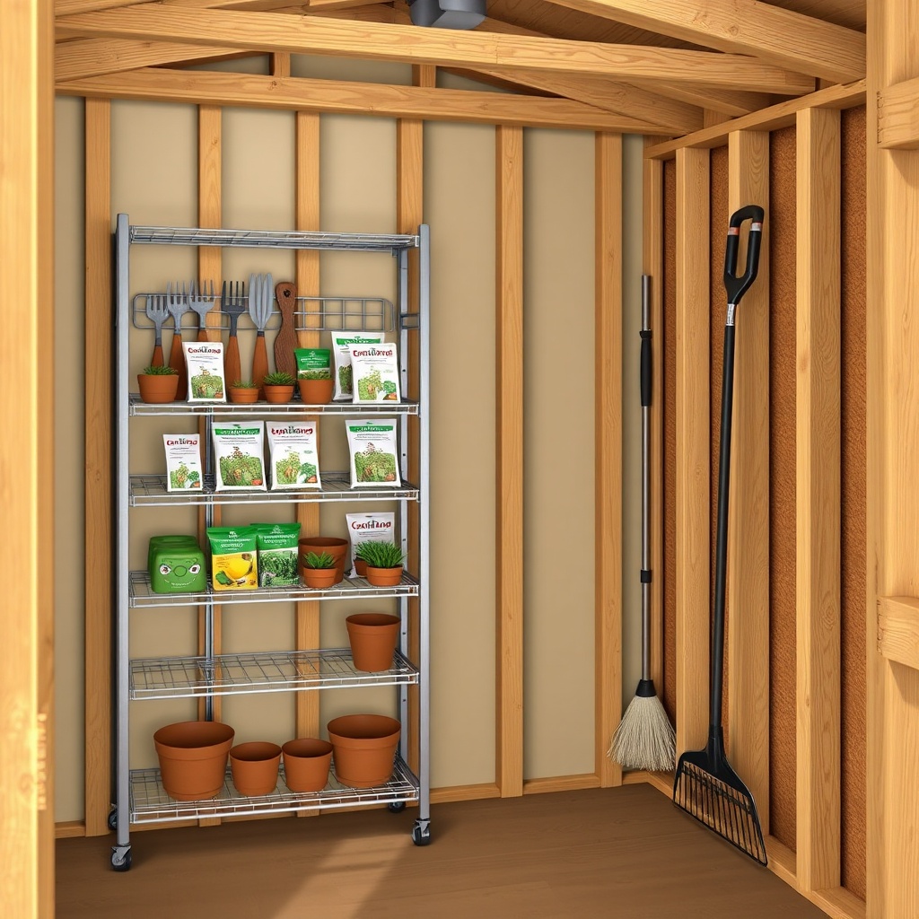 A photorealistic illustration of a Weka Linea 28 garden shed interior with a multi-shelf m