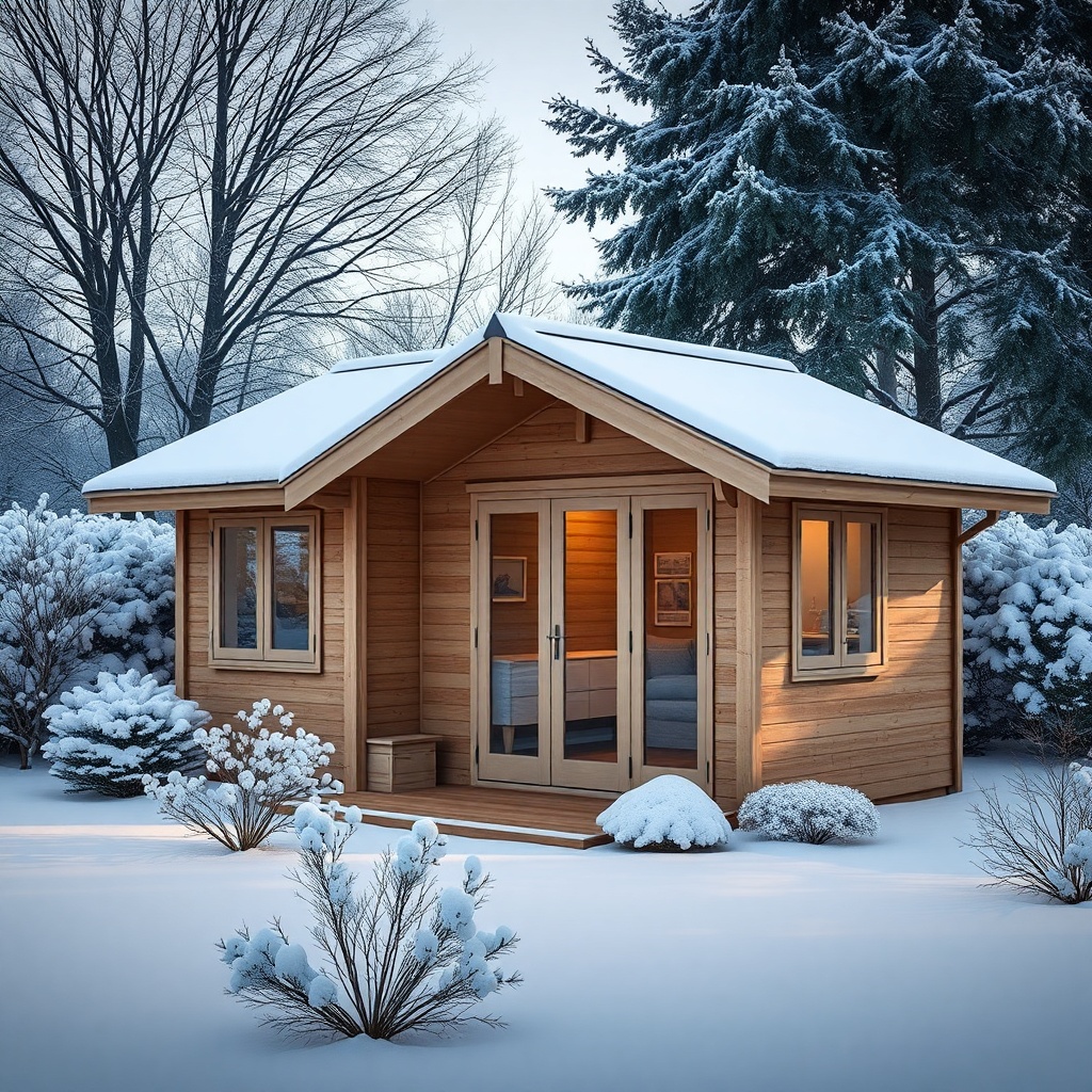 A photorealistic shot of a Weka Linea 28 garden house in a snowy setting