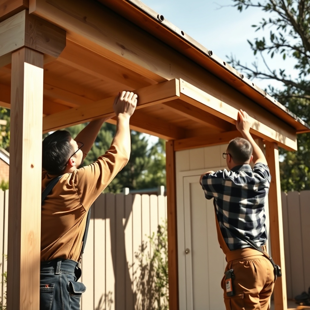 A man in work clothes is carefully aligning a rafter onto the ridge beam of a garden house
